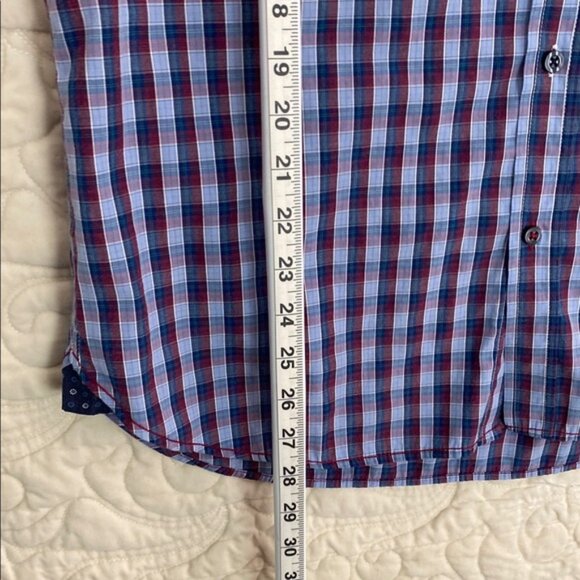 Short Sleeve Button Down Shirt Slim Fit with Blue and Red Gingham Pattern - Picture 6 of 7